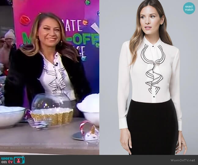 White House Black Market Soft Tipped Ruffled Blouse worn by Ginger Zee on Good Morning America
