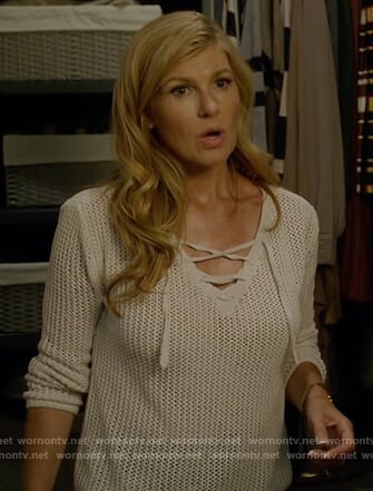 Debra’s white lace-up knit sweater on Dirty John