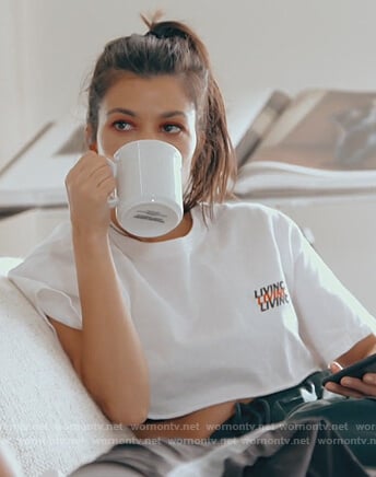 Kourtney’s white Living Cool print tee on Keeping Up with the Kardashians