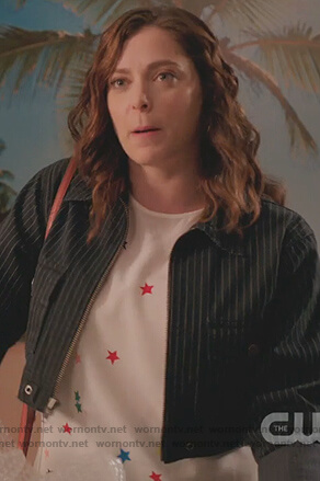 Rebecca’s white star print top and pinstripe jacket on Crazy Ex Girlfriend