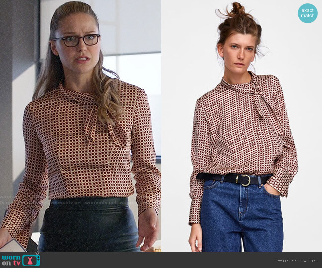Zara Printed Blouse with Bow worn by Kara Danvers (Melissa Benoist) on Supergirl