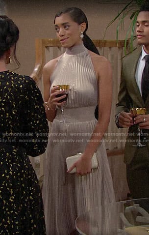 Zoe’s metallic pleated Thanksgiving dress on The Bold and the Beautiful