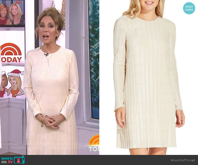 Adrianna Papell Metallic Velvet Pleated Shift Dress worn by Kathie Lee Gifford on Today