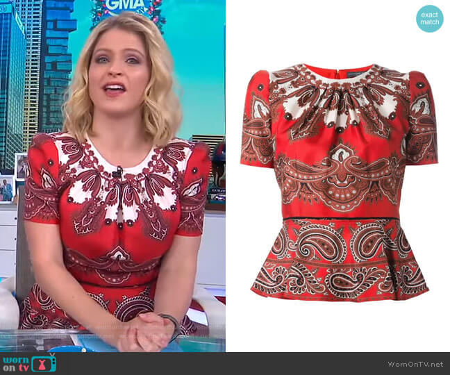 Alexander McQueen Short-Sleeve Paisley-Print Silk Peplum Top worn by Sara Haines on Good Morning America