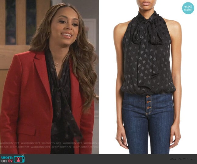 Alice + Olivia Delphine Tie-Neck Gathered Top worn by Claire (Amber Stevens West) on Happy Together