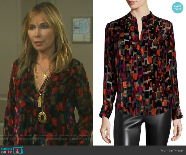 Alice + Olivia Long-Sleeve Velvet-Tile Blouse worn by Kate Roberts (Lauren Koslow) on Days of our Lives