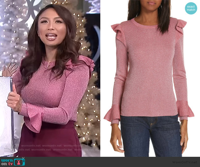 Alice + Olivia Mittie Ruffled Sweater worn by Jeannie Mai on The Real
