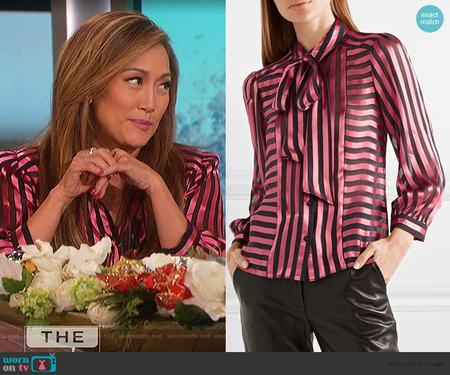 Alice + Olivia Willis pussy-bow striped satin and chiffon blouse worn by Carrie Inaba on The Talk