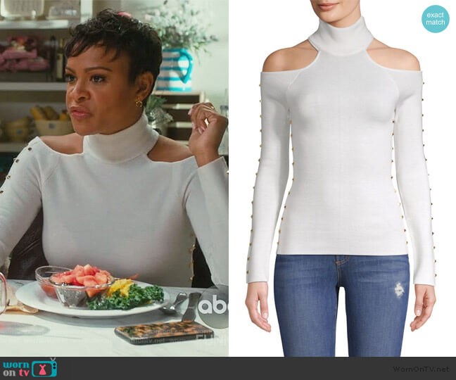 Alice + Olivia Kahlo Studded Cold-Shoulder Top worn by Angela (Carly Hughes
) on American Housewife