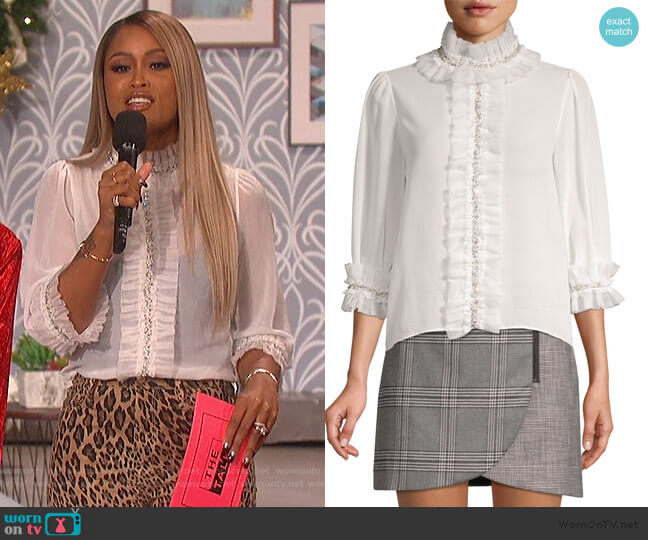 Alice + Olivia Mira Embellished Ruffle Blouse worn by Eve on The Talk