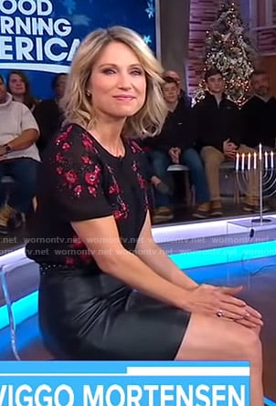 Amy’s black floral short sleeve top and leather mini skirt on Good Morning America