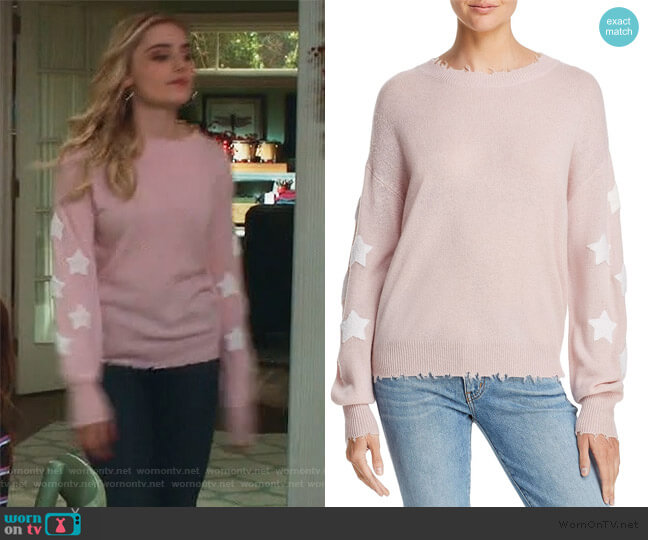 Aqua Cashmere Star-Sleeve Distressed Cashmere Sweater worn by Taylor Otto (Meg Donnelly) on American Housewife