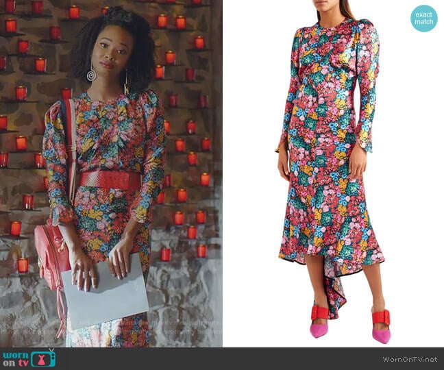 Attico Floral-Print Silk-Satin Midi Dress worn by Monica Colby (Wakeema Hollis) on Dynasty