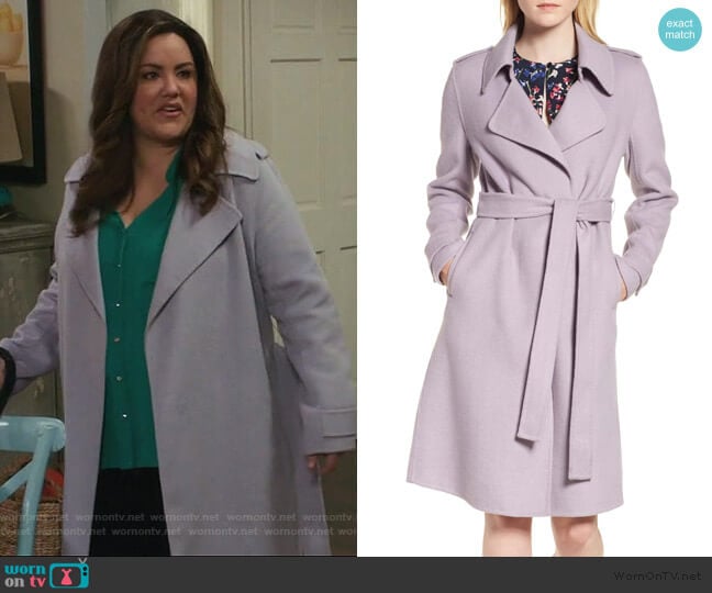 Badgley Mischka Double Face Wool Blend Wrap Front Coat worn by Katie Otto (Katy Mixon) on American Housewife