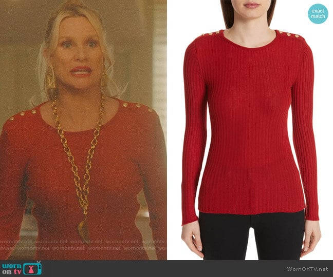 Balmain Button Detail Ribbed Sweater worn by Alexis Carrington (Elaine Hendrix) on Dynasty