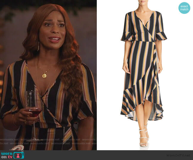 Band of Gypsies Victoria Herringbone Stripe Wrap Dress worn by Poppy (Kimrie Lewis) on Single Parents