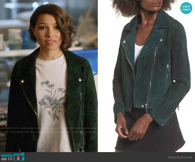 Blank NYC Suede Moto Jacket in Evergreen worn by Nora West-Allen (Jessica Parker Kennedy) on The Flash