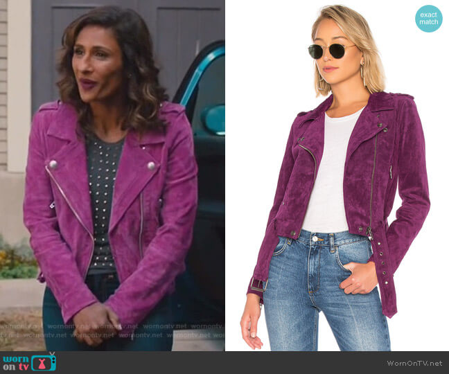 BlankNYC Suede Moto Jacket worn by Emet Kamala-Sweetzer (Sarayu Blue) on I Feel Bad