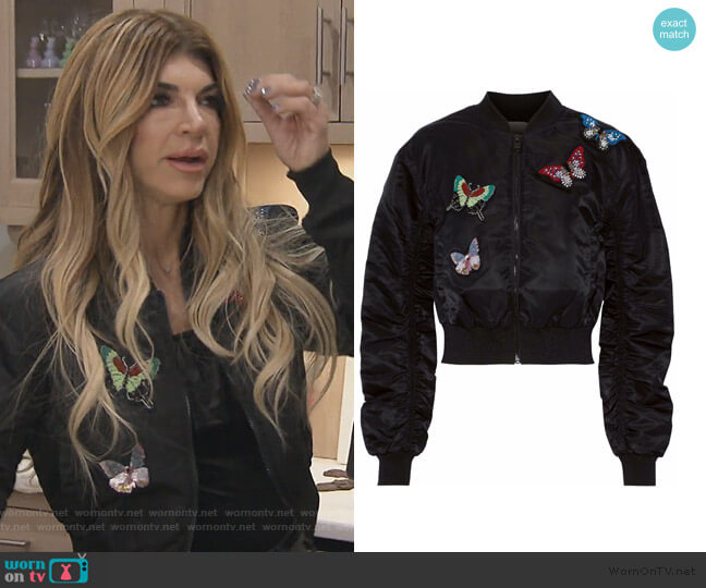 Cinq a Sept Ruched embellished shell bomber jacket worn by Teresa Giudice on The Real Housewives of New Jersey