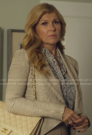 Debra’s snake print blouse and studded draped jacket on Dirty John