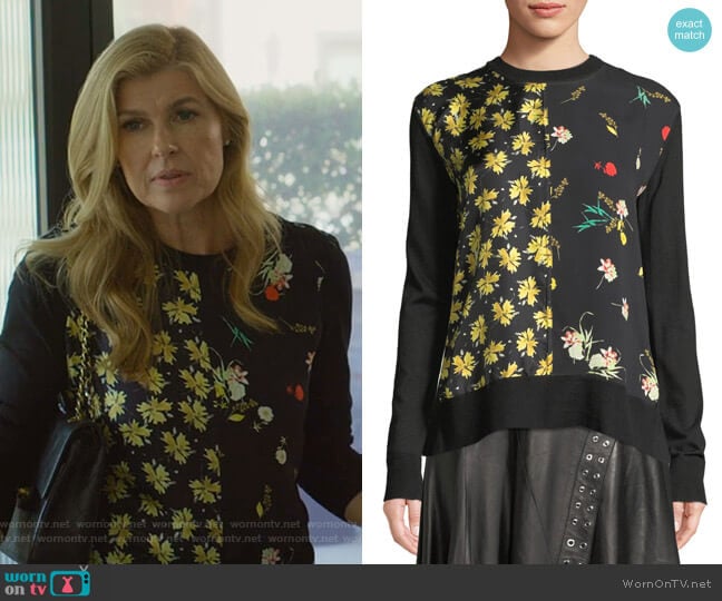 Derek Lam Crewneck Long-Sleeve Mixed-Print Pullover Sweater worn by Debra Newell (Connie Britton) on Dirty John