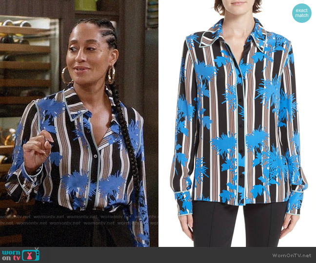 Diane von Fursteberg Stripe Button-Down Silk Shirt worn by Rainbow Johnson (Tracee Ellis Ross) on Black-ish