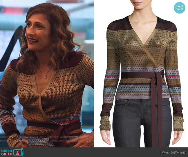 Diane von Furstenberg Metallic Striped Wrap Sweater worn by Emet Kamala-Sweetzer (Sarayu Blue) on I Feel Bad