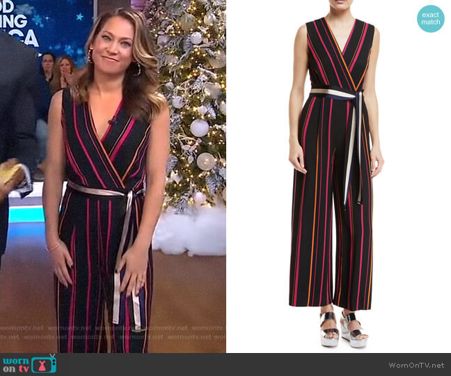 Diane von Furstenberg Sleeveless Crossover Wide-Leg Striped Jumpsuit worn by Ginger Zee on Good Morning America