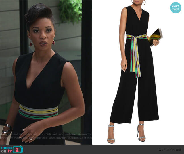 Diane von Furstenberg Striped Satin-trimmed Crepe Jumpsuit worn by Catherine Wilder (Angel Parker) on Marvels Runaways