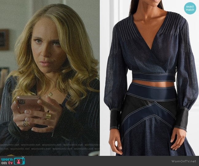 Diane von Furstenberg Wrap-effect Crepe and Satin-Trimmed Voile Blouse worn by Veronica Newell (Juno Temple) on Dirty John