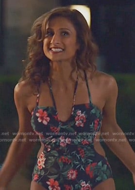 Emet’s navy floral strappy swimsuit on I Feel Bad
