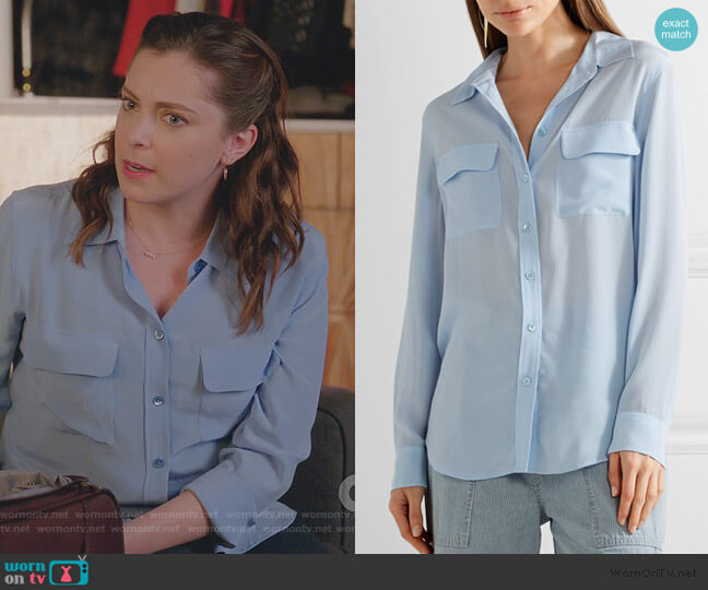 Equipment Slim Signature washed-silk shirt worn by Rebecca Bunch (Rachel Bloom) on Crazy Ex-Girlfriend