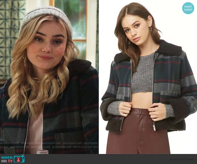 Forever 21 Faux Shearling-Trim Plaid Jacket worn by Taylor Otto (Meg Donnelly) on American Housewife