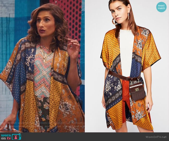 Free People Mon Cheri Silky Patchwork Kimono worn by Emet Kamala-Sweetzer (Sarayu Blue) on I Feel Bad
