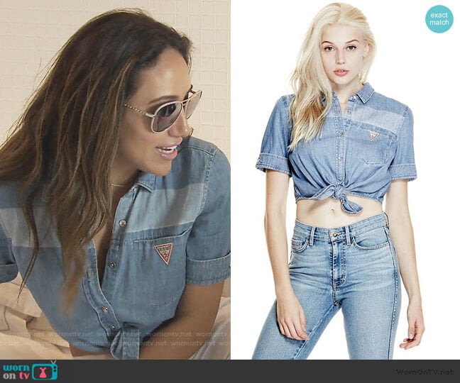 Guess Cropped Denim Shirt worn by Melissa Gorga on The Real Housewives of New Jersey