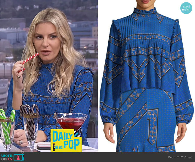 Ganni Sandwashed Silk High-Neck Printed Blouse worn by Morgan Stewart on E! News