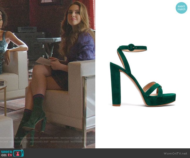 Gianvito Rossi Poppy Suede Platform Sandals worn by Fallon Carrington (Elizabeth Gillies) on Dynasty
