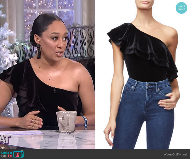 Good American Ruffle One-Shoulder Velvet Bodysuit worn by Tamera Mowry on The Real