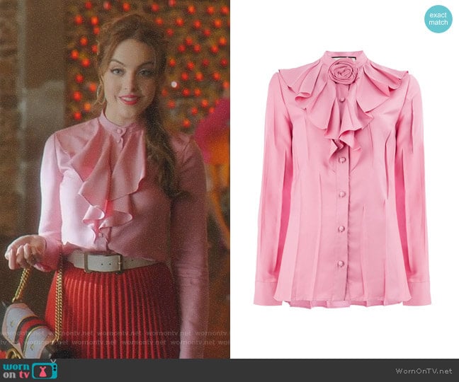 Gucci Ruffle Shirt with Rose Detail worn by Fallon Carrington (Elizabeth Gillies) on Dynasty