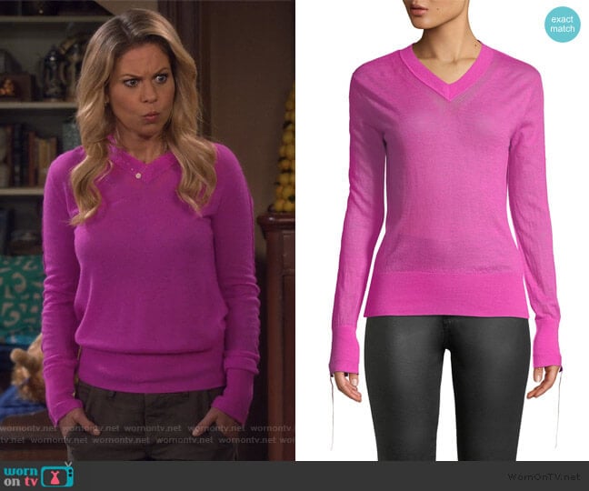 Helmut Lang Tie-Cuff Sheer Cashmere V-Neck Sweater worn by DJ Tanner-Fuller (Candace Cameron Bure) on Fuller House