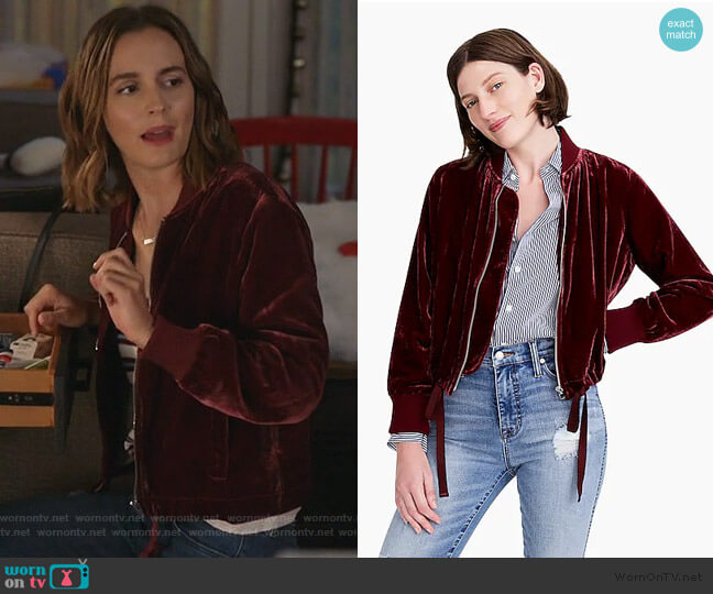 J. Crew Velvet bomber jacket with waist ties worn by Angie (Leighton Meester) on Single Parents