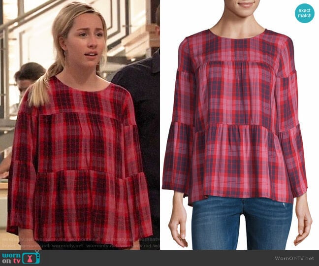 a.n.a 3/4th Sleeve Round Neck Woven Blouse in Campbell Plaid Red worn by Josslyn Jacks (Eden McCoy) on General Hospital
