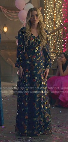 Karolina’s metallic floral maxi dress on Marvel’s Runaways