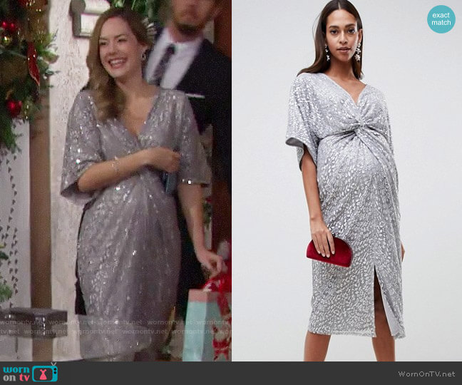 Little Mistress Maternity all over sequin knot front midi dress worn by Hope Logan (Annika Noelle) on The Bold and the Beautiful
