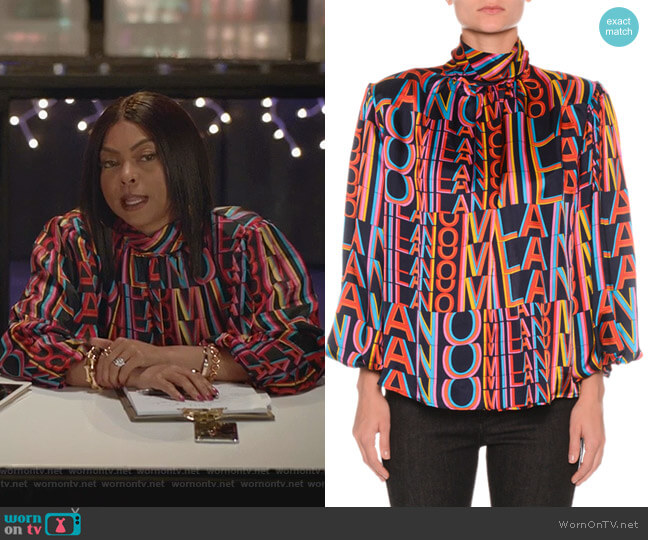 MSGM Printed High-Neck Blouse with Removable Shoulder Pads worn by Cookie Lyon (Taraji P. Henson) on Empire