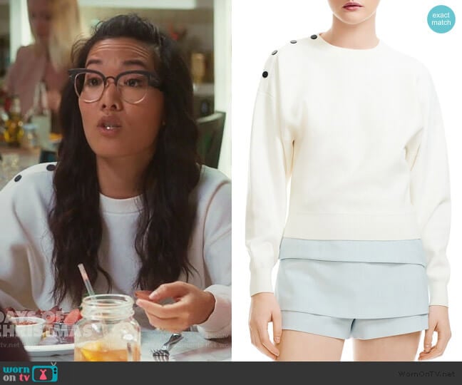 Maje Marlina Cropped Shoulder-Snap Sweater worn by Doris (Ali Wong) on American Housewife