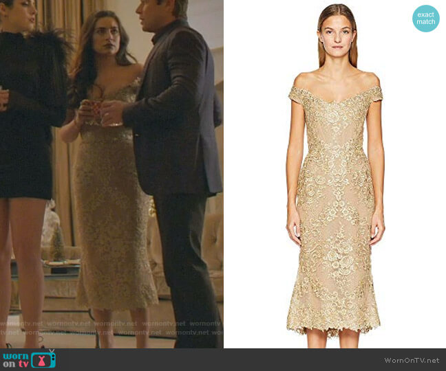 Marchesa Corded Lace Off Shoulder Cocktail Dress with 3D Sequin Roses worn by Cristal Jennings (Daniella Alonso) on Dynasty