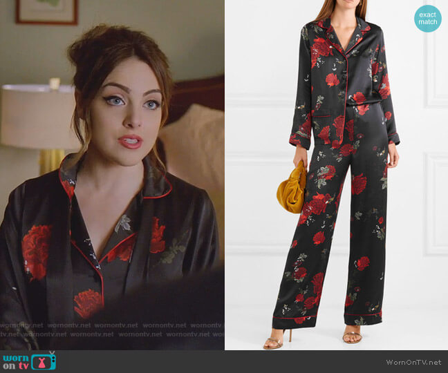 Meng Floral-Print Silk-Satin Pajama Set worn by Fallon Carrington (Elizabeth Gillies) on Dynasty