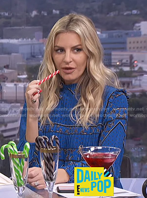 Morgan’s blue printed pleated blouse on E! News Daily Pop