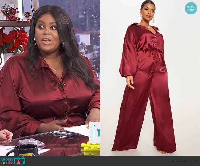 Pretty Little Thing Burgundy Satin Tie Waist Wide Leg Jumpsuit worn by Nina Parker on E! News
